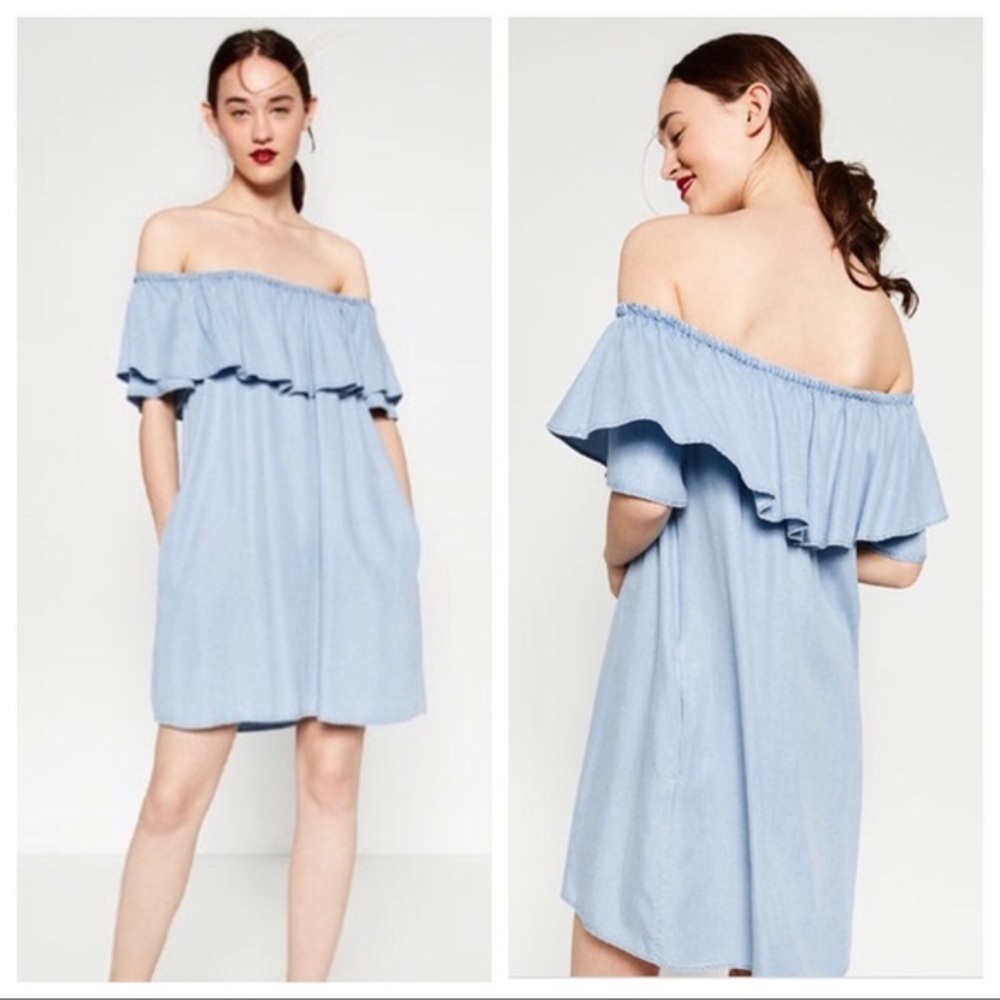 Zara Denim Off the Shoulder Dress with Pockets